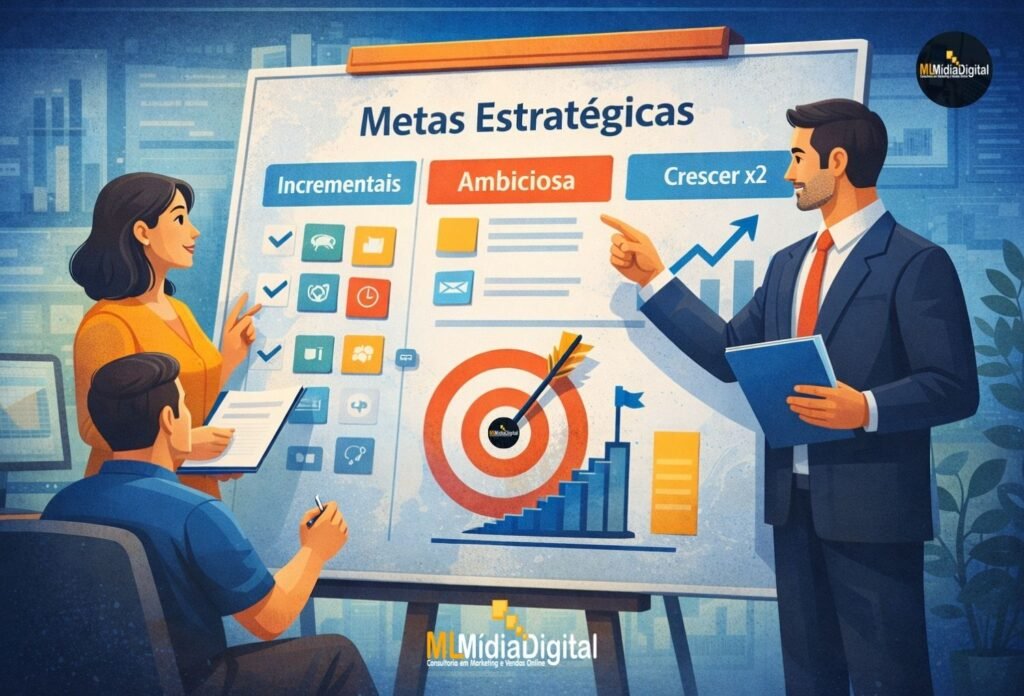 quadro de metas estratégicas Planejamento Digital 2026 Estratégias essenciais para crescer e vender mais Post ML Mídia Digital e Estratégias de Vendas online