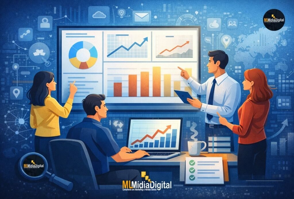 equipe analisando dados digitaiss Planejamento Digital 2026: Estratégias essenciais para crescer e vender mais | Post ML Mídia Digital e Estratégias de Vendas online