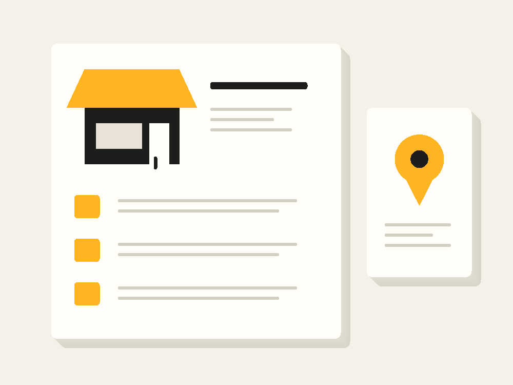 Dossiê conceitual de informações de um comércio e cartão de localização.