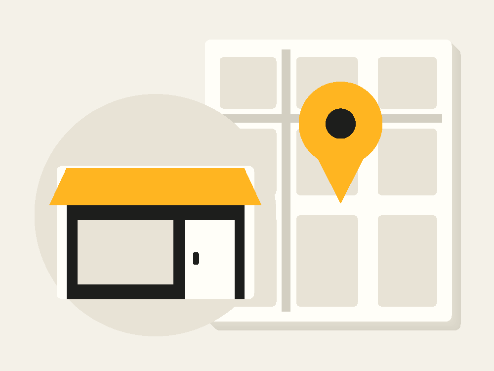 Fachada de comércio ao lado de mapa abstrato com marcador de localização, sem endereço real.